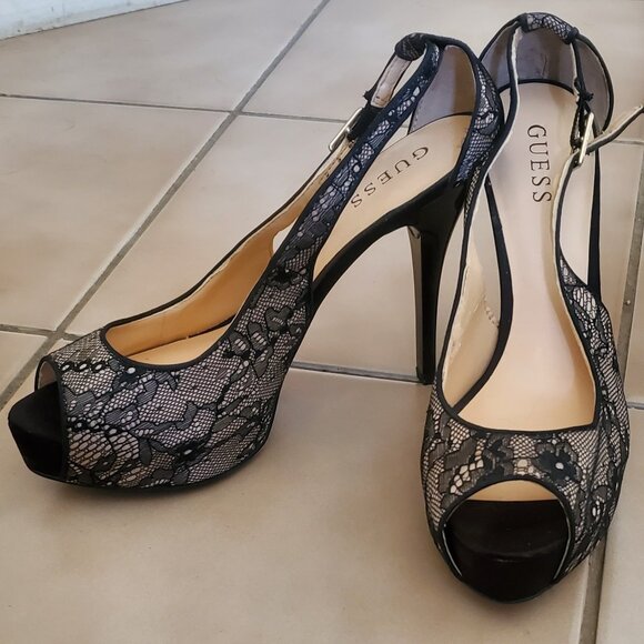 GUESS Black Lace Peep Toe Heels – Size 10 – NWOT - Picture 1 of 15